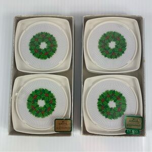 Hallmark Christmas Plastic Drink Coasters Vintage Holiday Wreath Design Set of 8